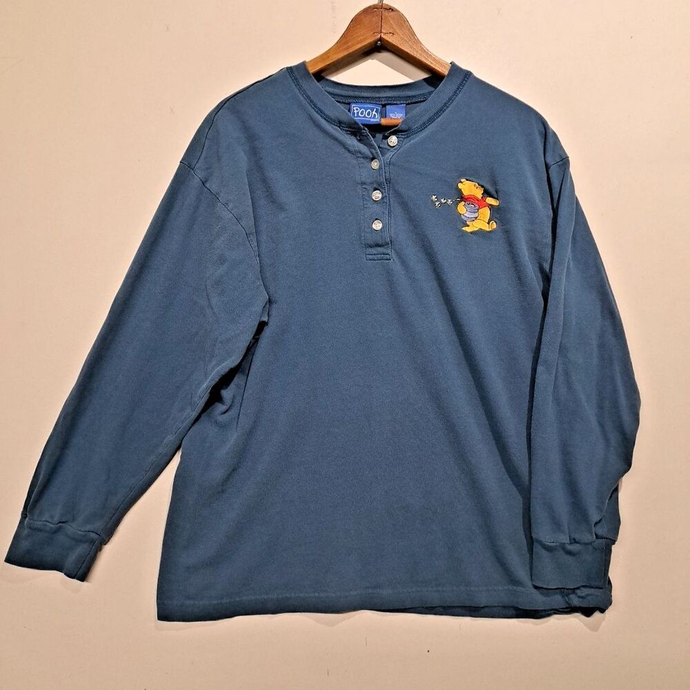 Disney Winnie The Pooh Henley T Shirt Sz M Embroidered Long Sleeve VTG